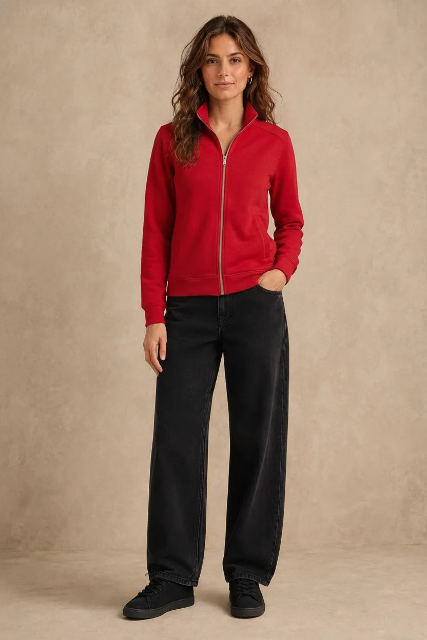 Women Hot Pink Cotton Blended German Velvet Full Zip | Standing Collar Winter Sweatshirt