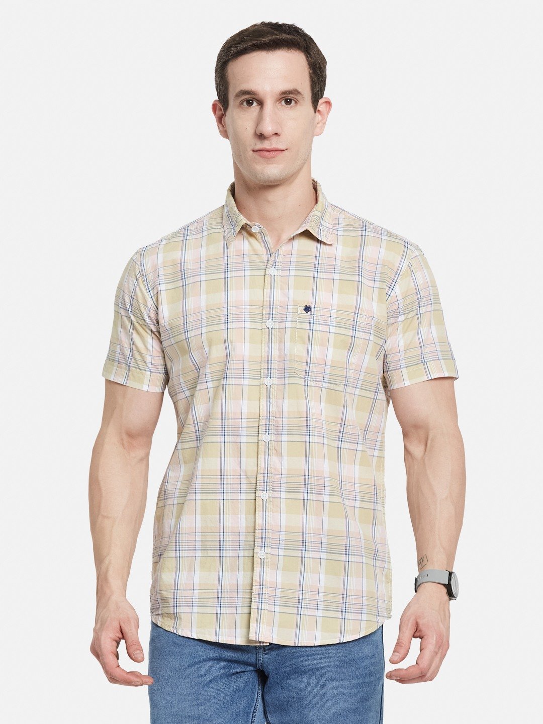 METTLE Men Spread Collar Checked Cotton Casual Shirt