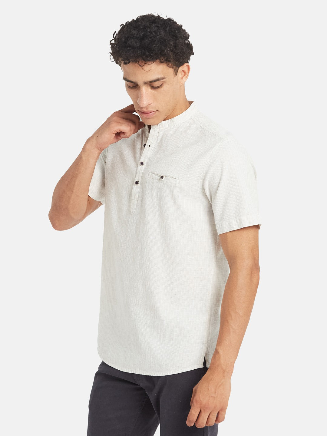 METTLE Striped Short Sleeves Mandarin Collar Cotton Opaque Regular Fit Casual Shirt