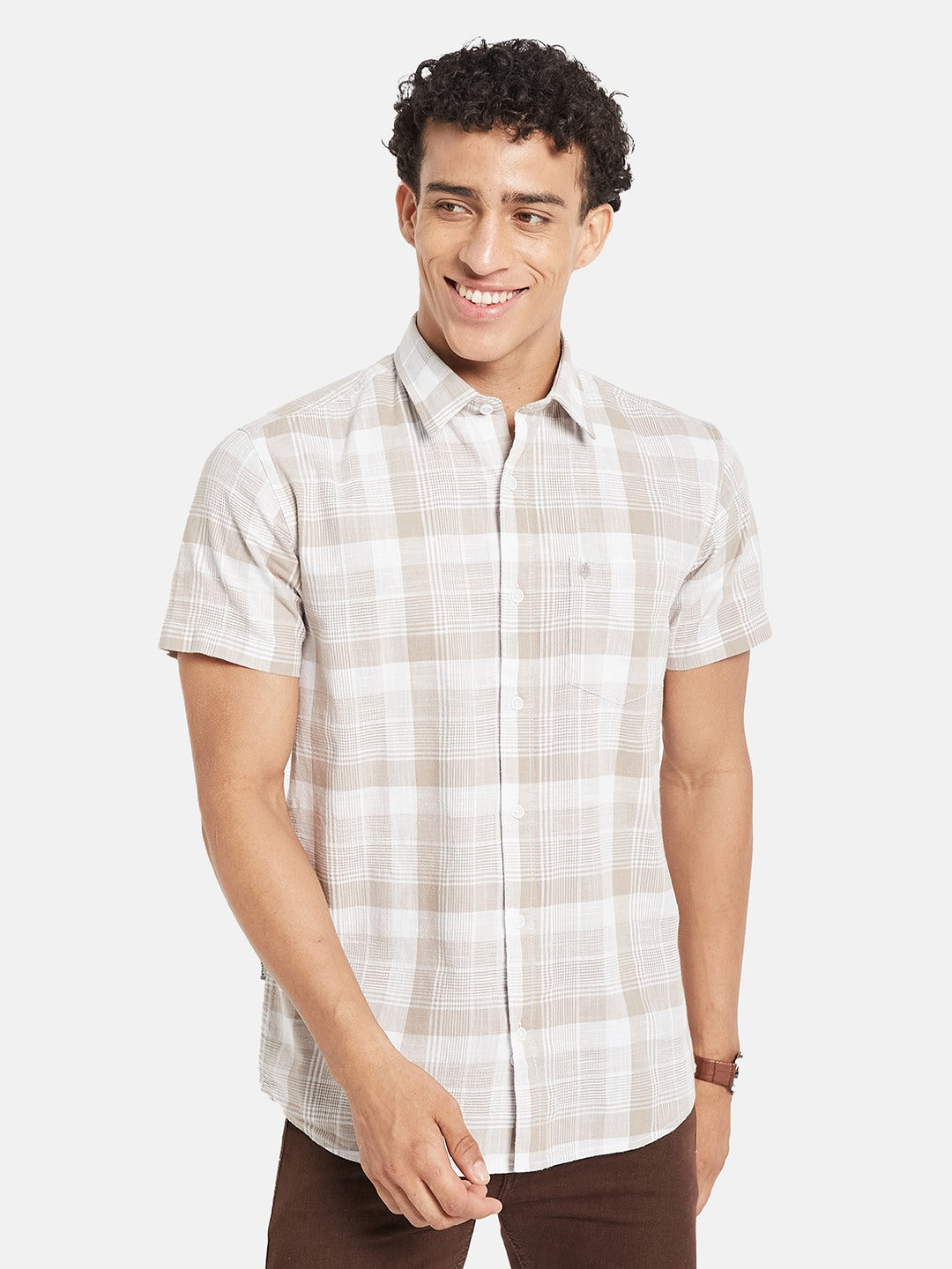 METTLE Men Tartan Checked Spread Collar Cotton Casual Shirt