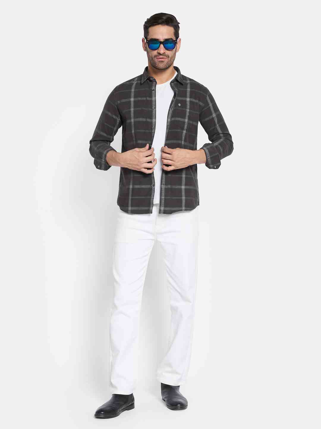 METTLE Men Spread Collar Checked Cotton Casual Shirt