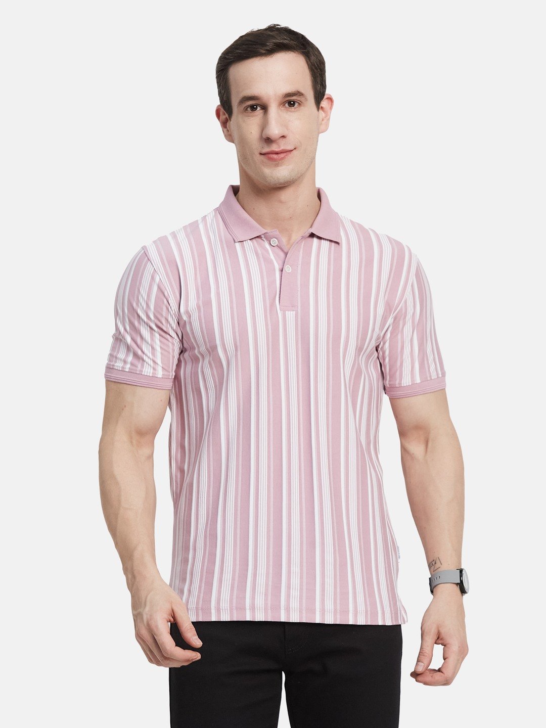 VERTICAL STRIPE POLO NECK T-SHIRT