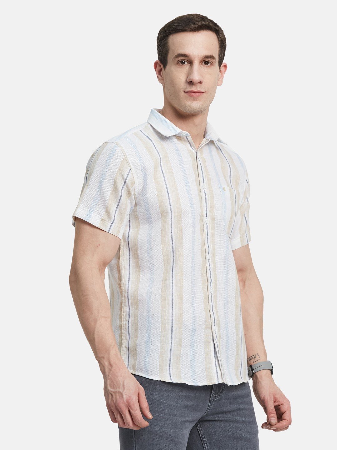 METTLE Men Spread Collar Vertical Striped Cotton Casual Shirt
