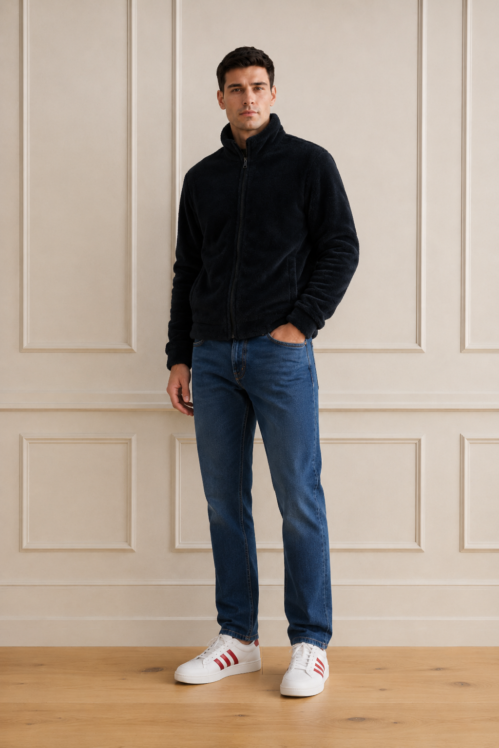 Men’s Black Fur Full-Zip Winter Sweatshirt | Stand Collar