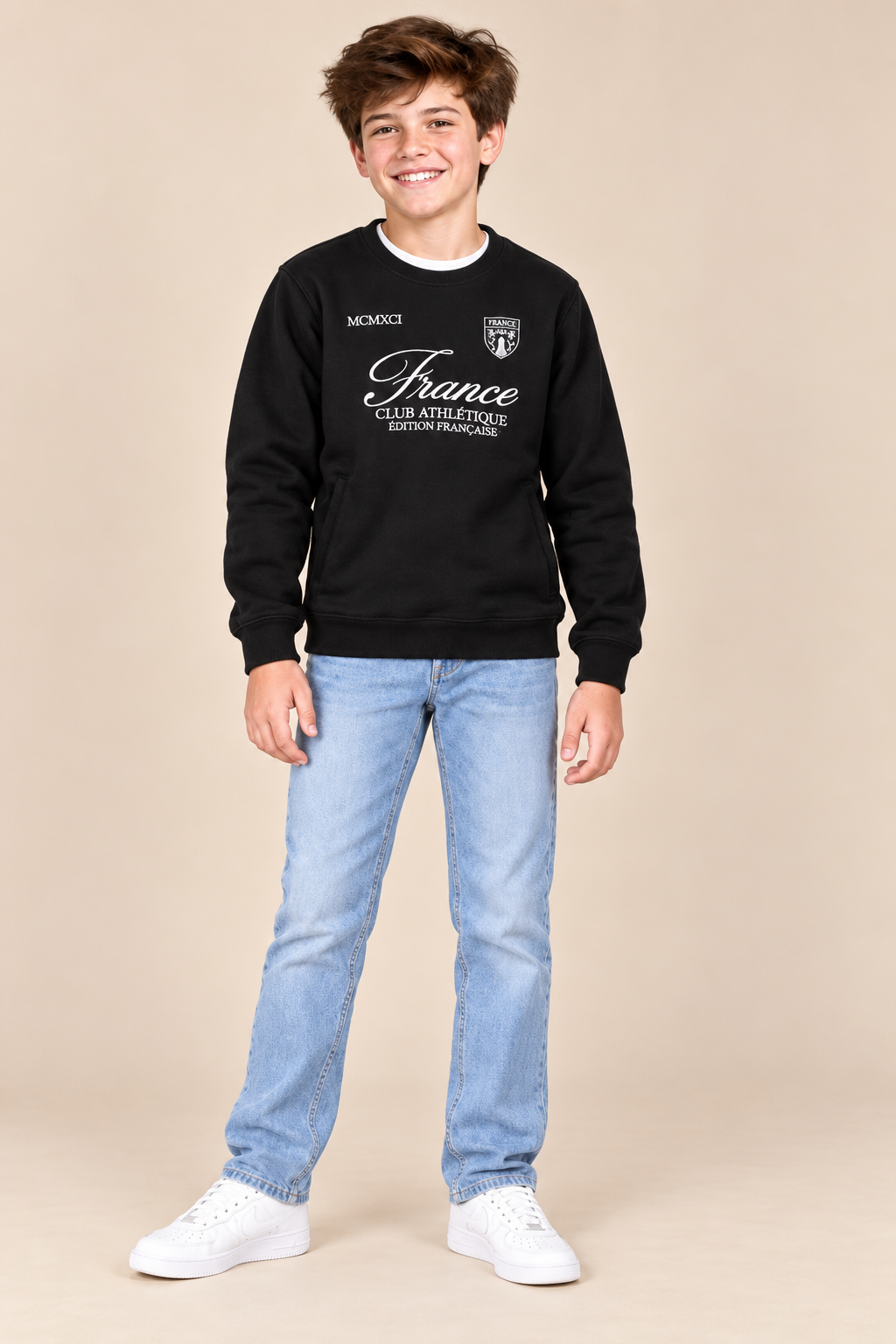 Junior Boys Black Graphic Sweatshirt – Cotton Brushed Fleece Regular Fit Crew Neck