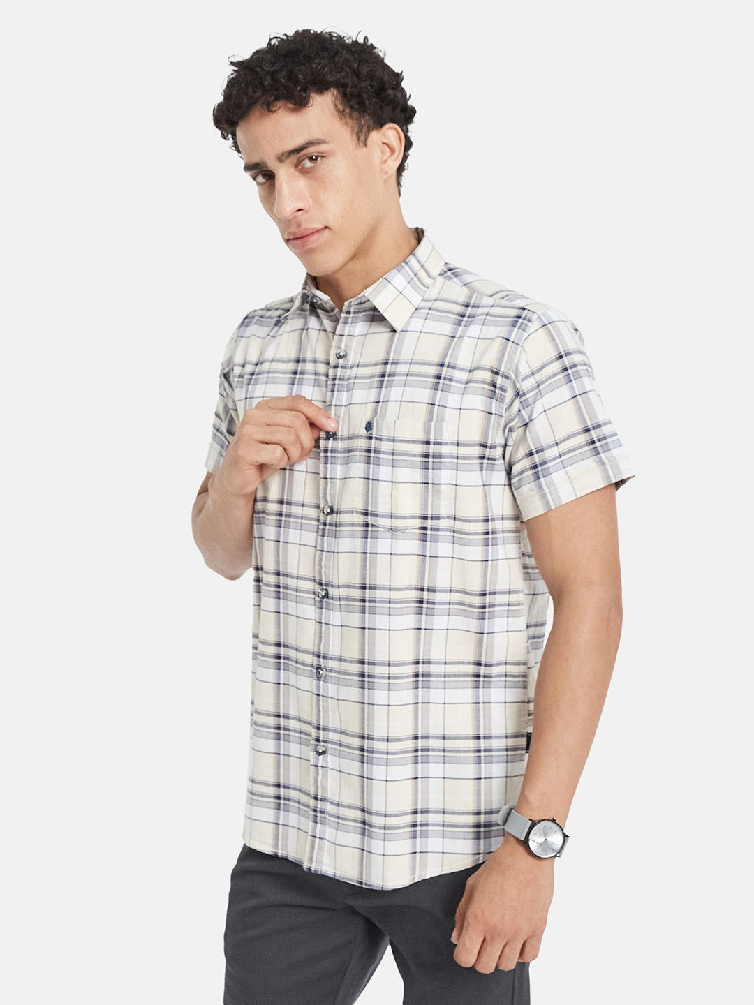 METTLE Checked Short Sleeves Spread Collar Cotton Opaque Regular Fit Casual Shirt