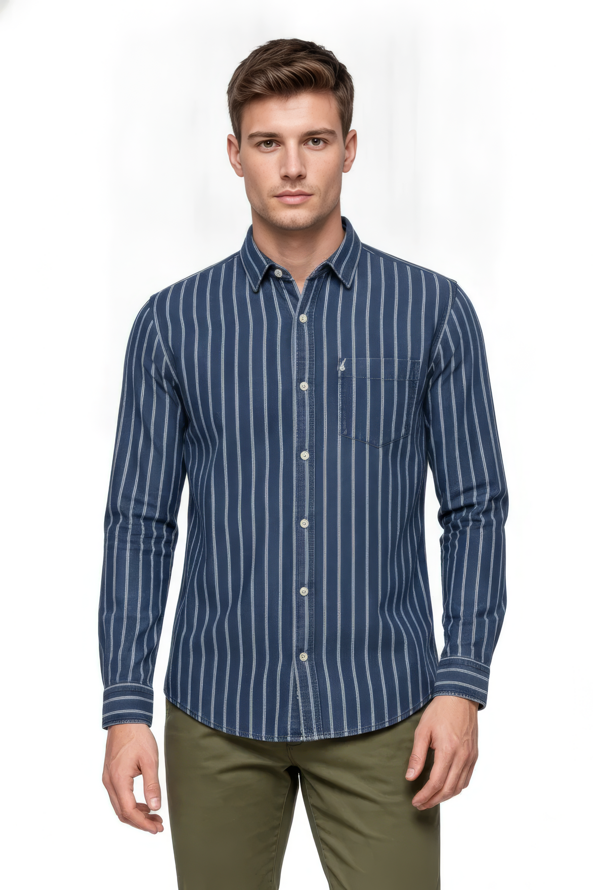 Men’s Indigo Full Sleeve Stripe Shirt – Cotton Dobby Fabric Casual Button-Down Shirt
