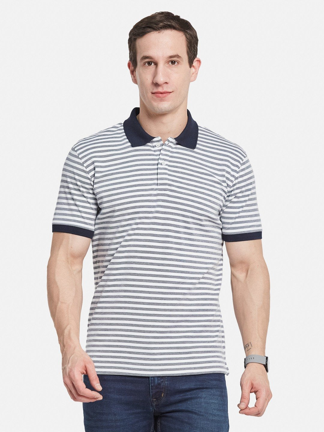 Octave Men Striped Polo Collar Monochrome T-shirt