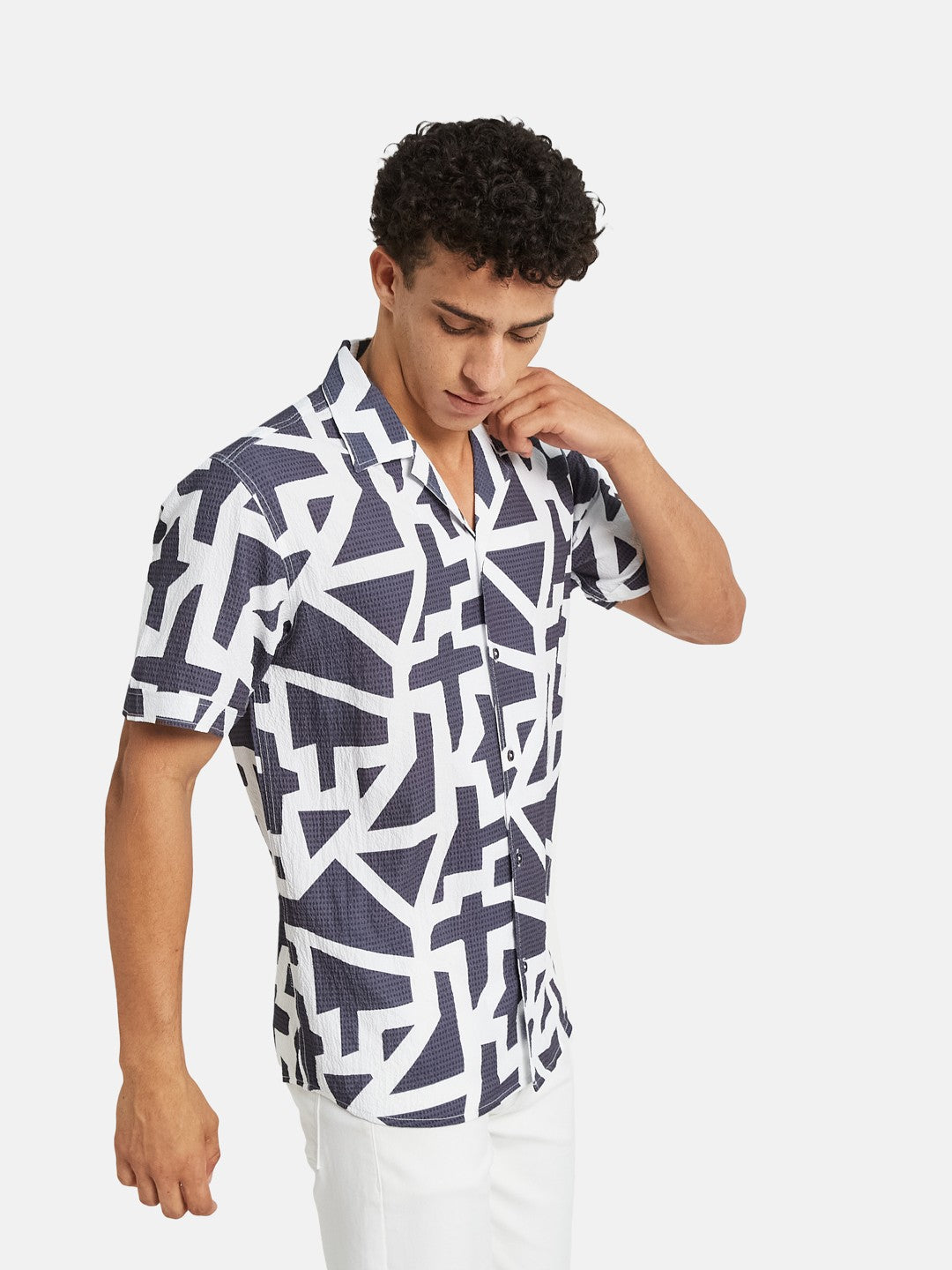 METTLE Abstract Printed Spread Collar Cotton Shirt