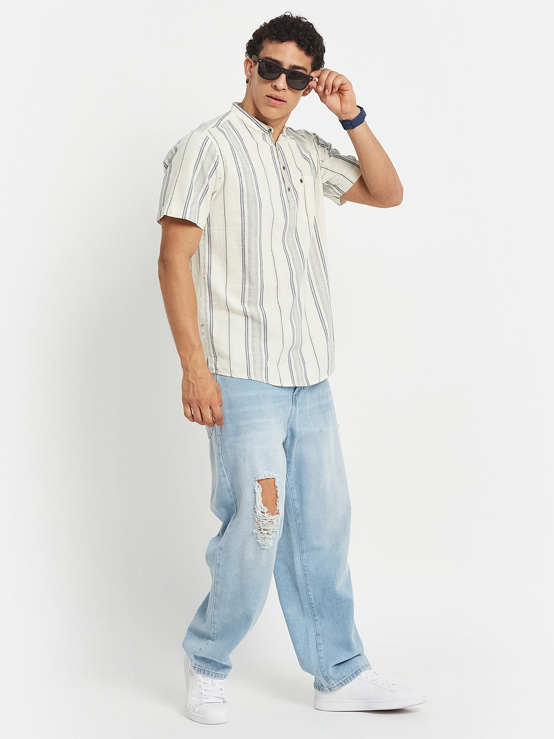 METTLE SS25 Striped Cotton Mandarin Collar Casual Shirt