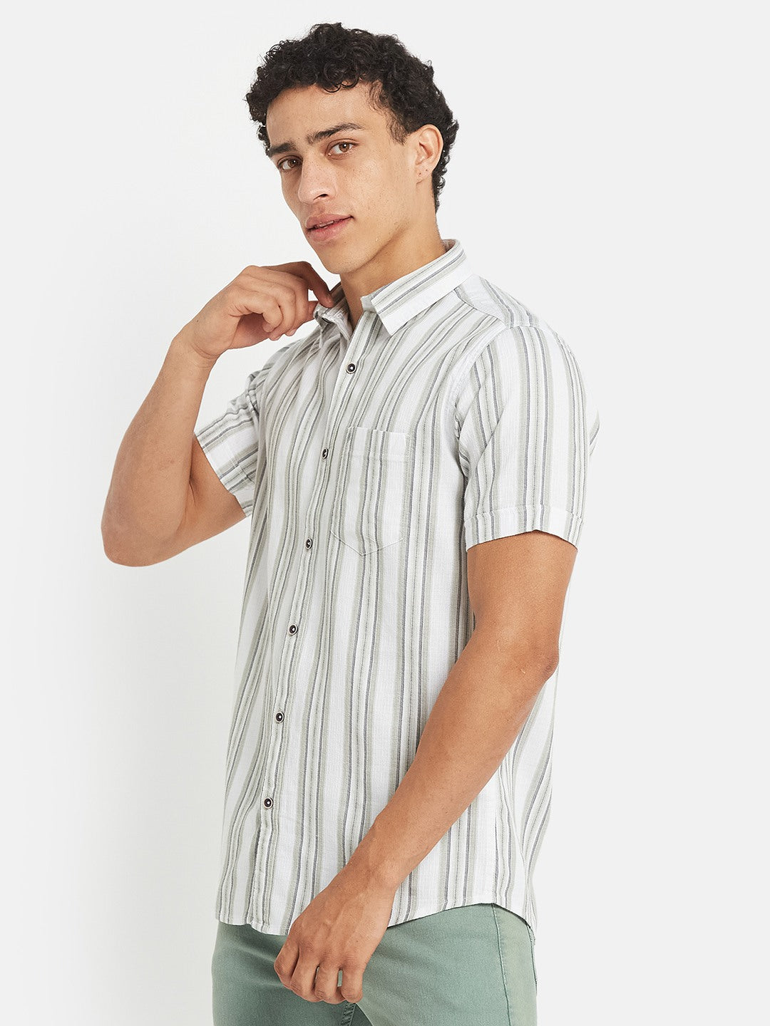 METTLE SS25 Striped Cotton Spread Collar Casual Shirt