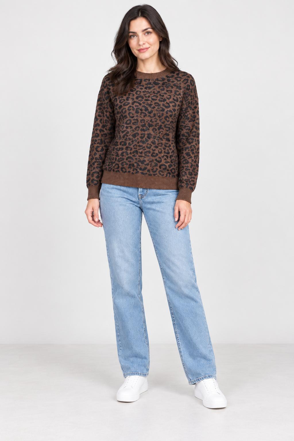 Women’s Coffee Knitted Wool Animal Print Sweater – Regular Fit Crew Neck