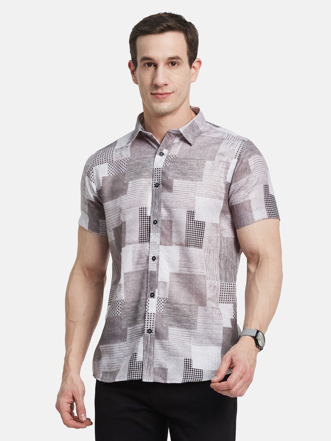 METTLE Men Spread Collar Geometric Printed Cotton Casual Shirt