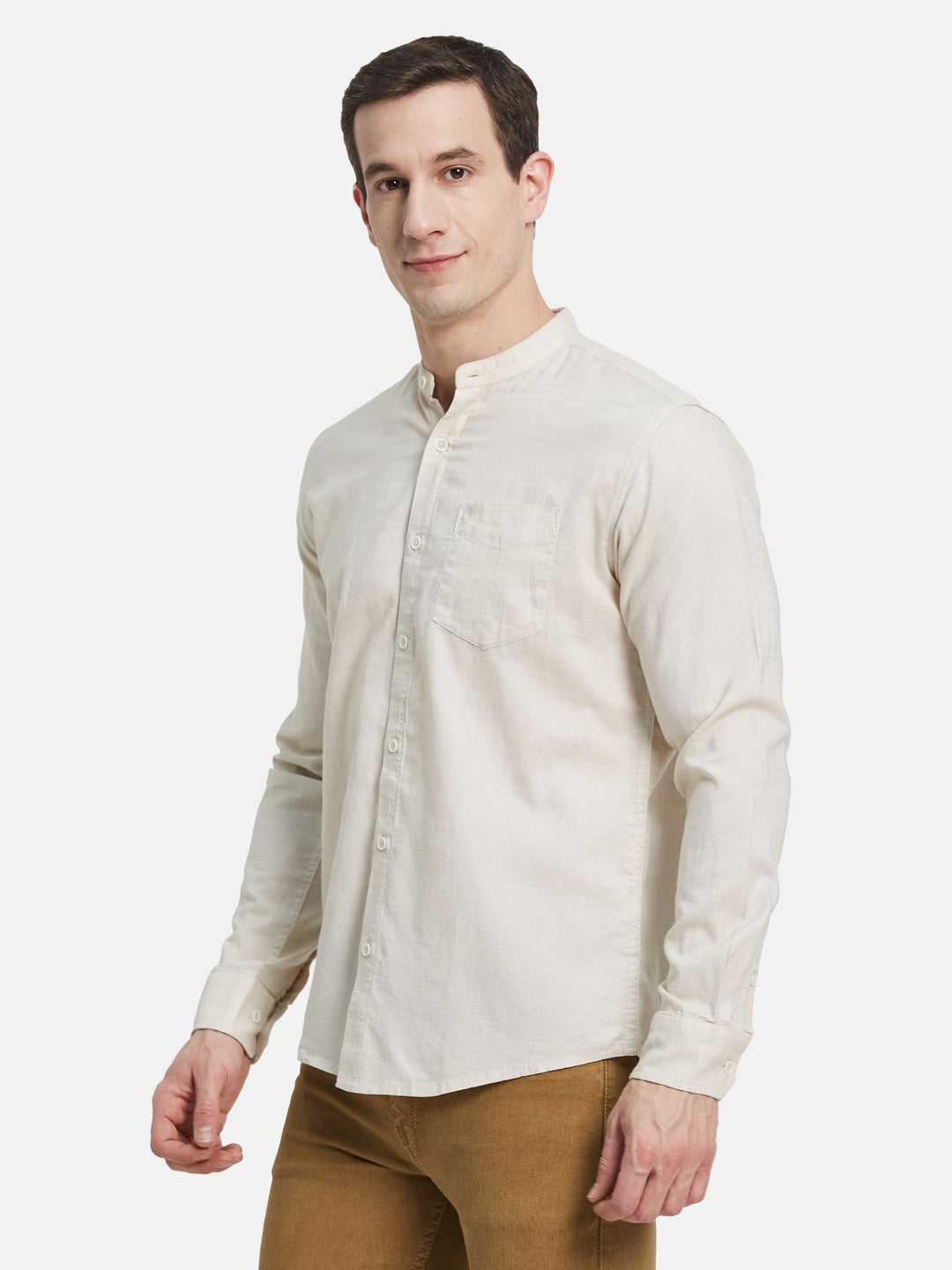 METTLE Men Band Collar Solid Cotton Casual Shirt