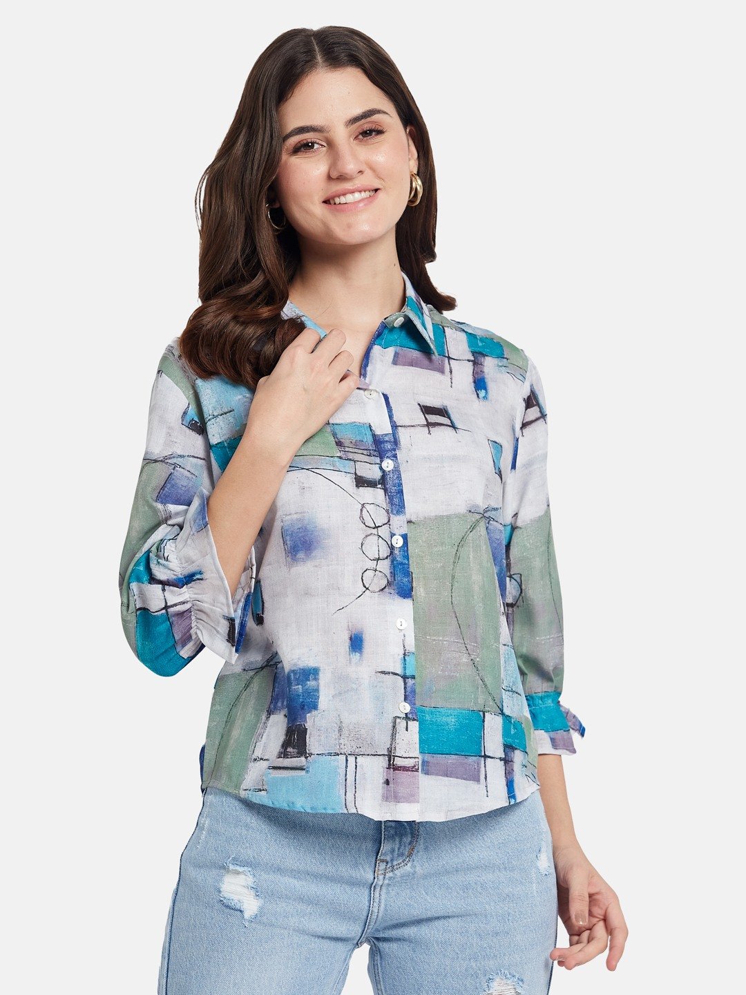 METTLE SS25 Geometric Printed Spread Collar Cotton Casual Shirt