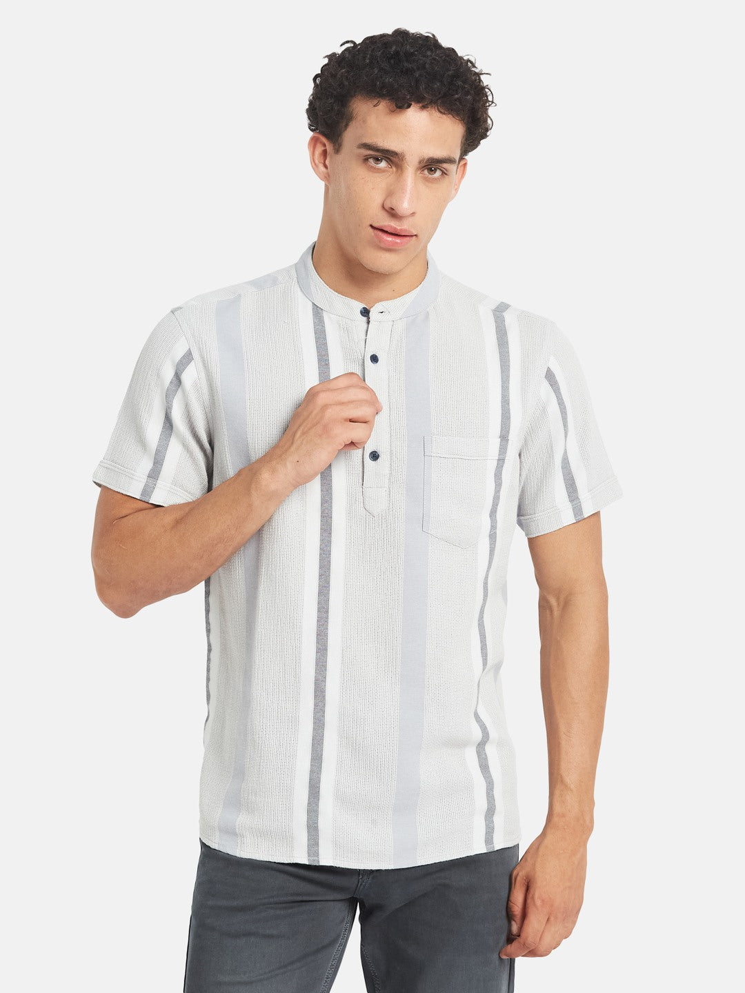 METTLE Men Striped Mandarin Collar Cotton T-shirt