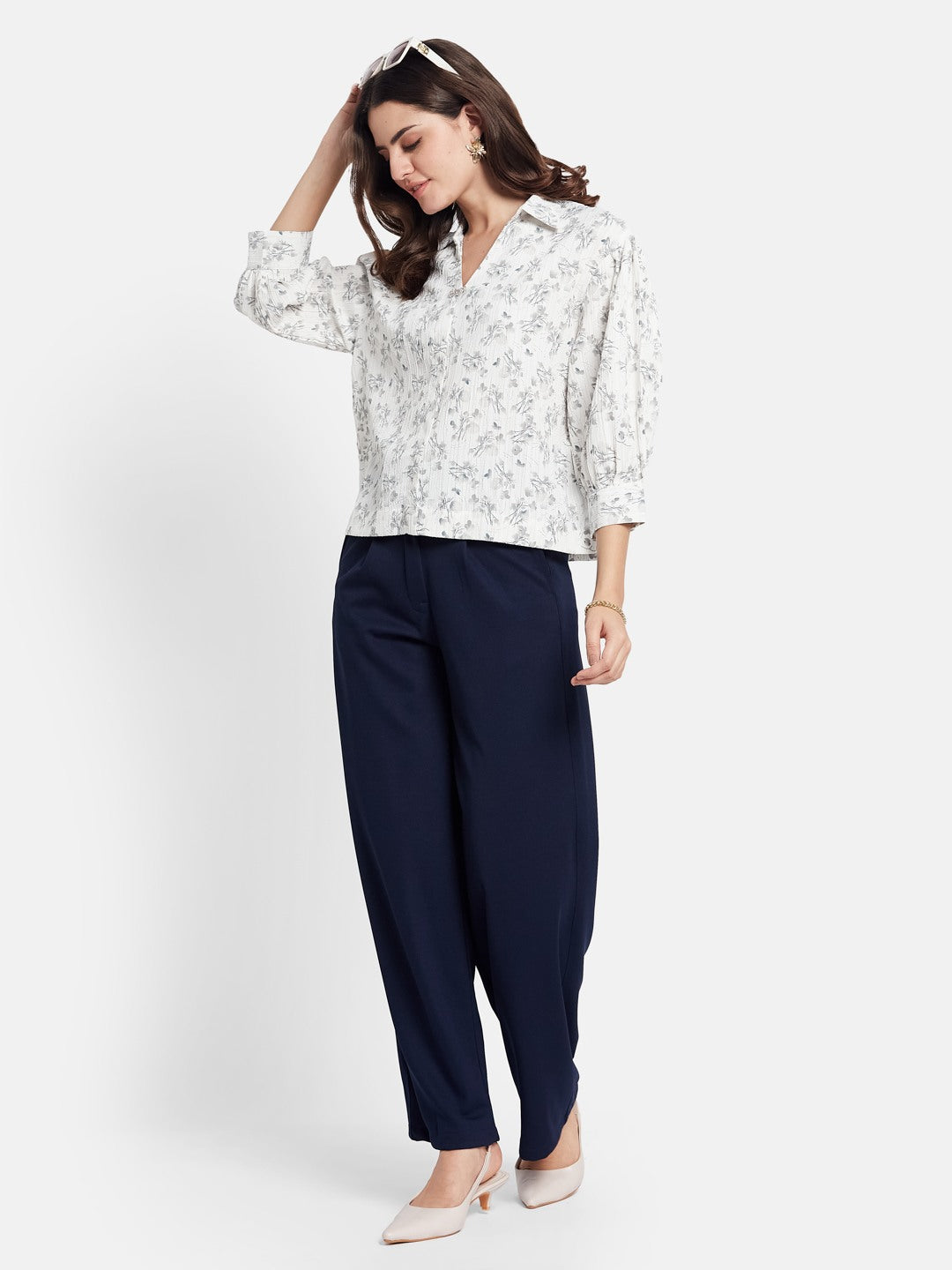 METTLE Women Floral Printed Cotton Shirt Style Top