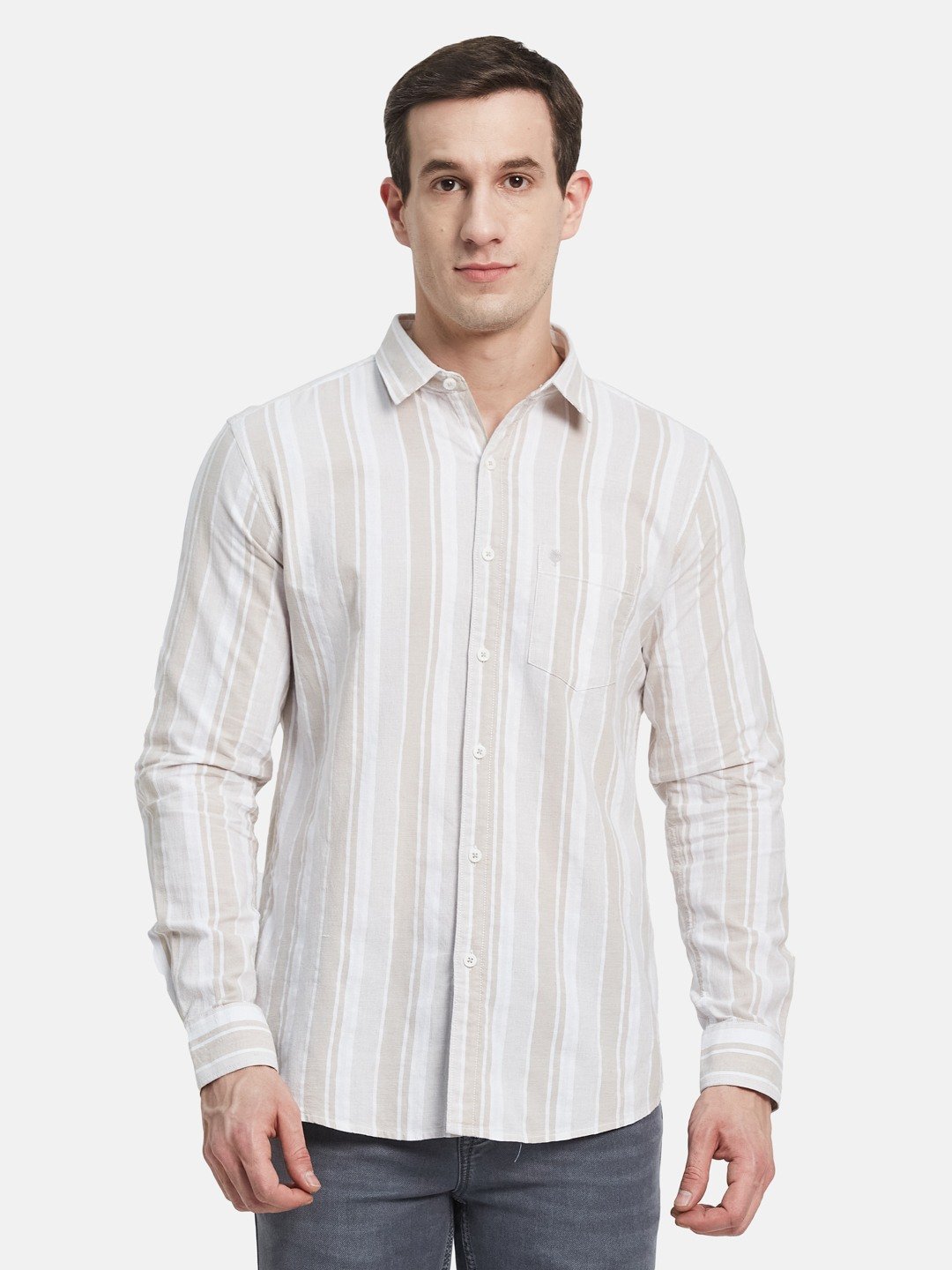 METTLE Men Spread Collar Vertical Striped Cotton Casual Shirt
