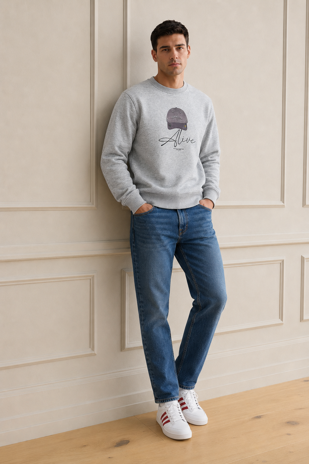 Men’s Grey Melange Cotton Fleece Full Sleeve Winter Sweatshirt | Round Neck Graphic
