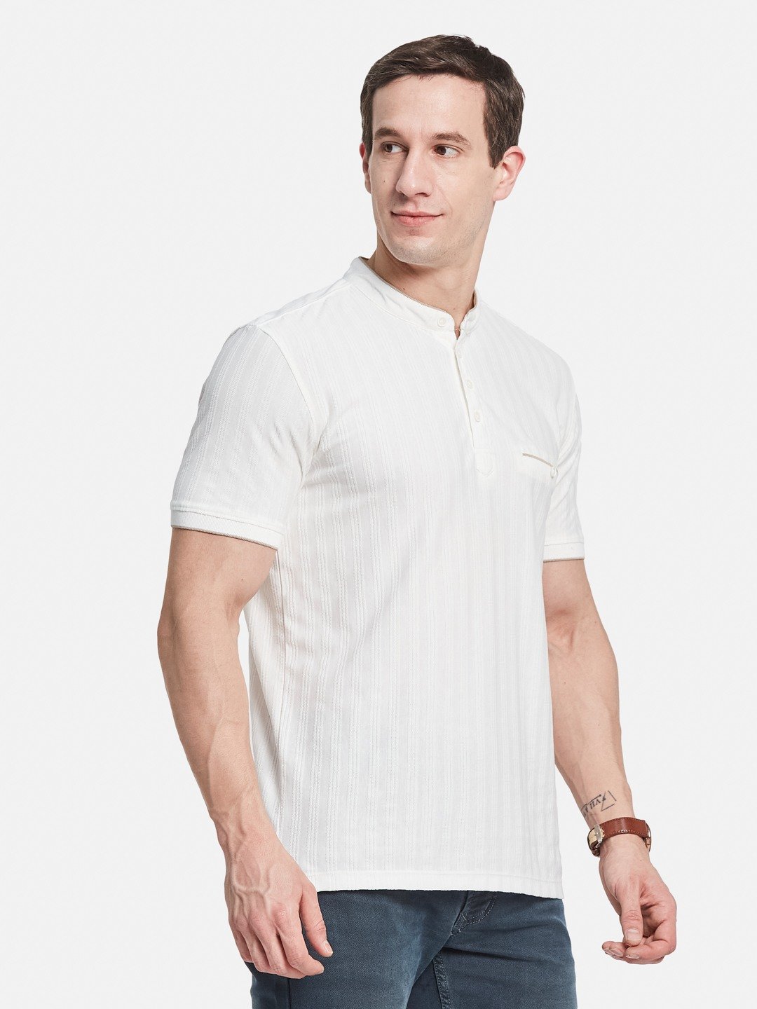 Octave Men Striped Mandarin Collar Monochrome T-shirt