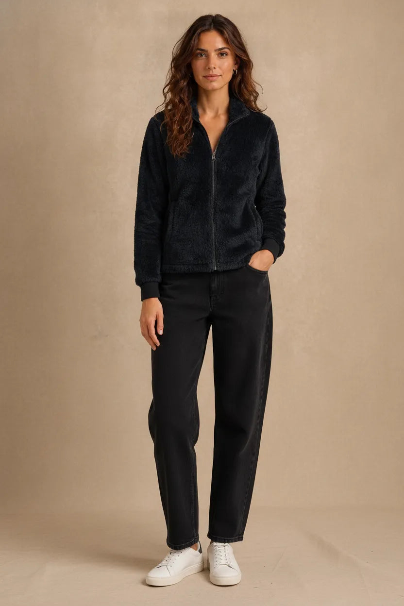Women Black Double Sided Coral Fur Full Zip | Soft Winter Sweatshirt