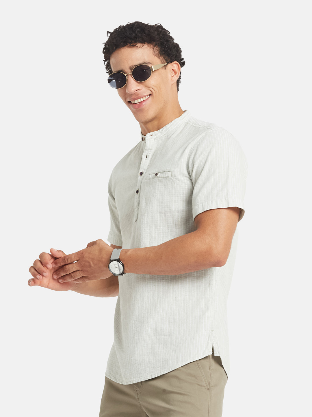 METTLE SS25 Vertical Striped Mandarin Collar Cotton Casual Shirt