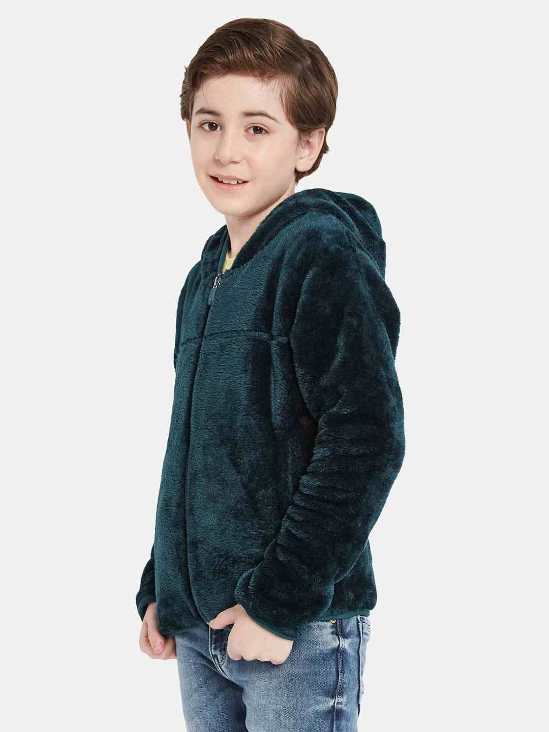 Octave Boys Self Design Front Open Fleece Hooded Sweatshirt