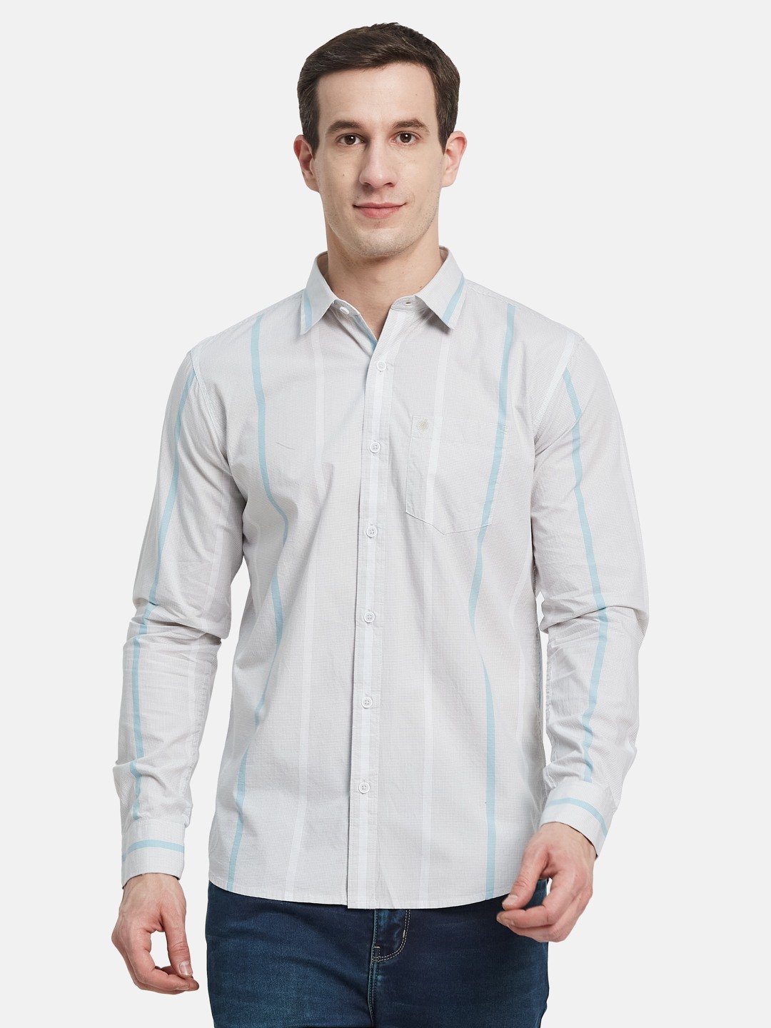 METTLE Men Spread Collar Vertical Striped Cotton Casual Shirt