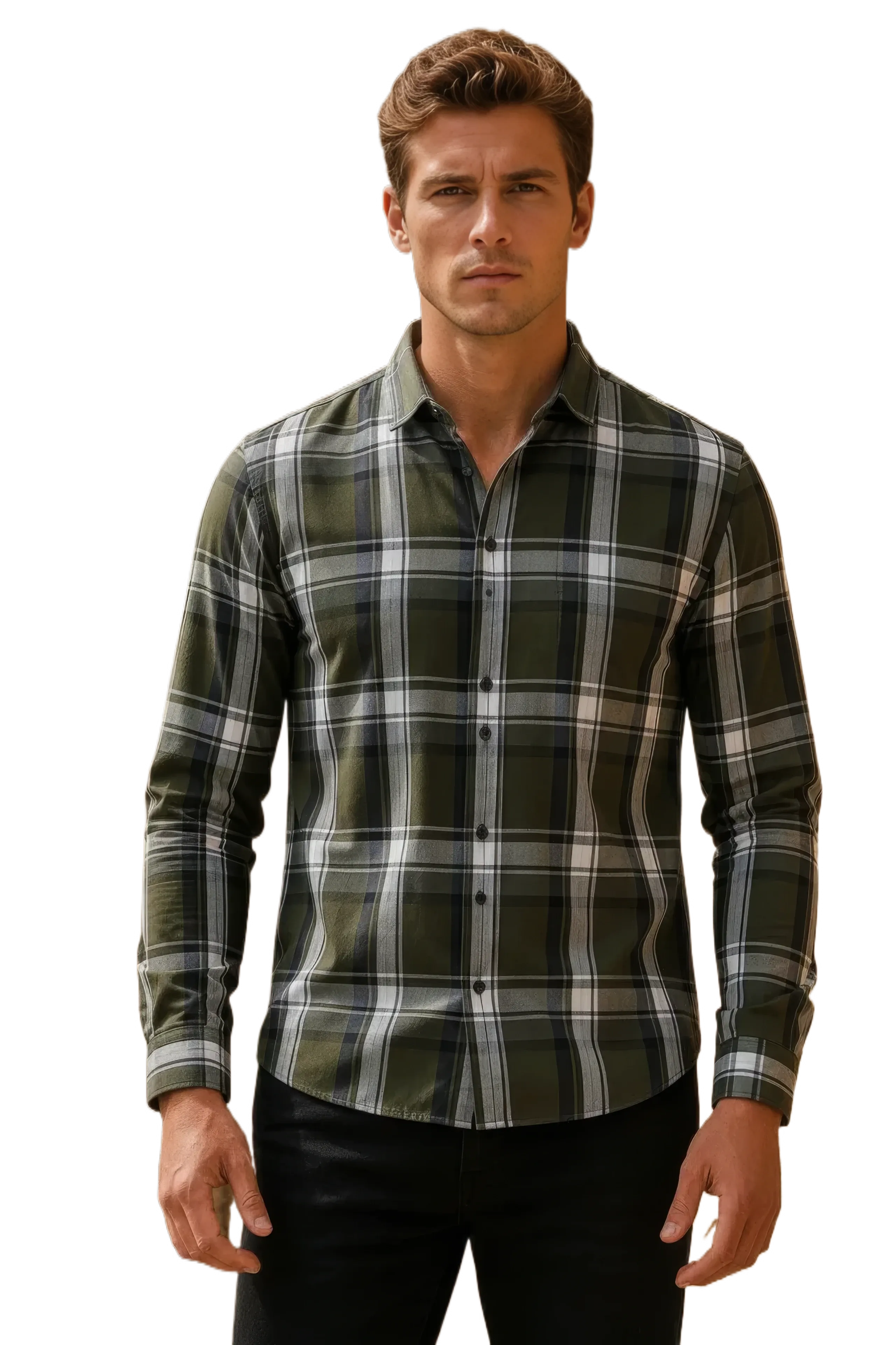 Men’s Olive Check Cotton Tencel Shirt