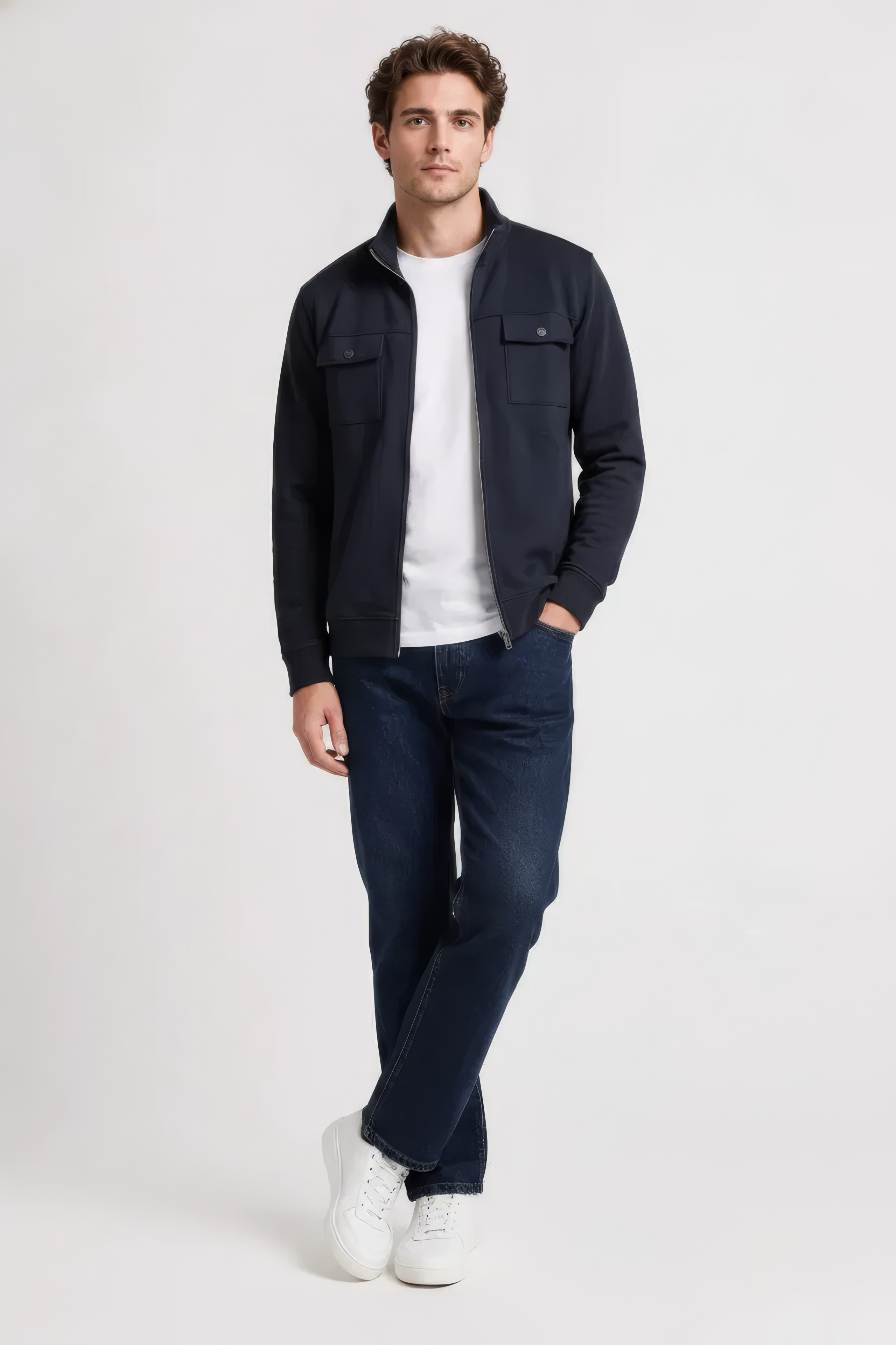 Men’s Black Cotton Blend Full-Zip Utility Pocket Sweatshirt