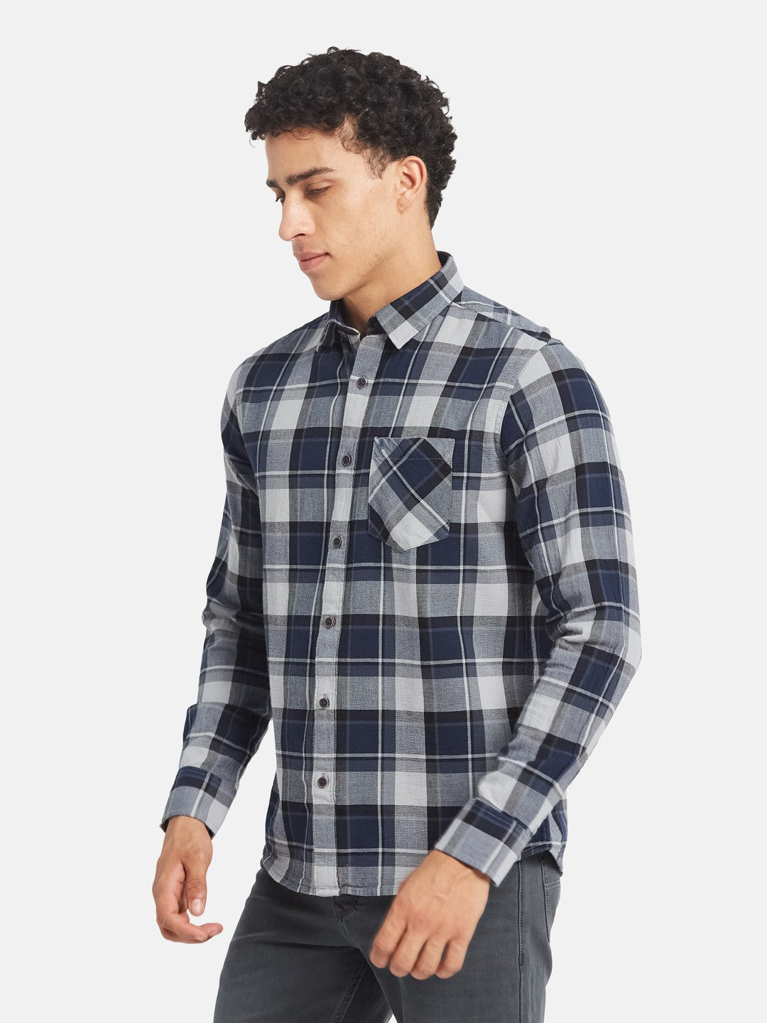 METTLE Men Tartan Checked Spread Collar Cotton Casual Shirt