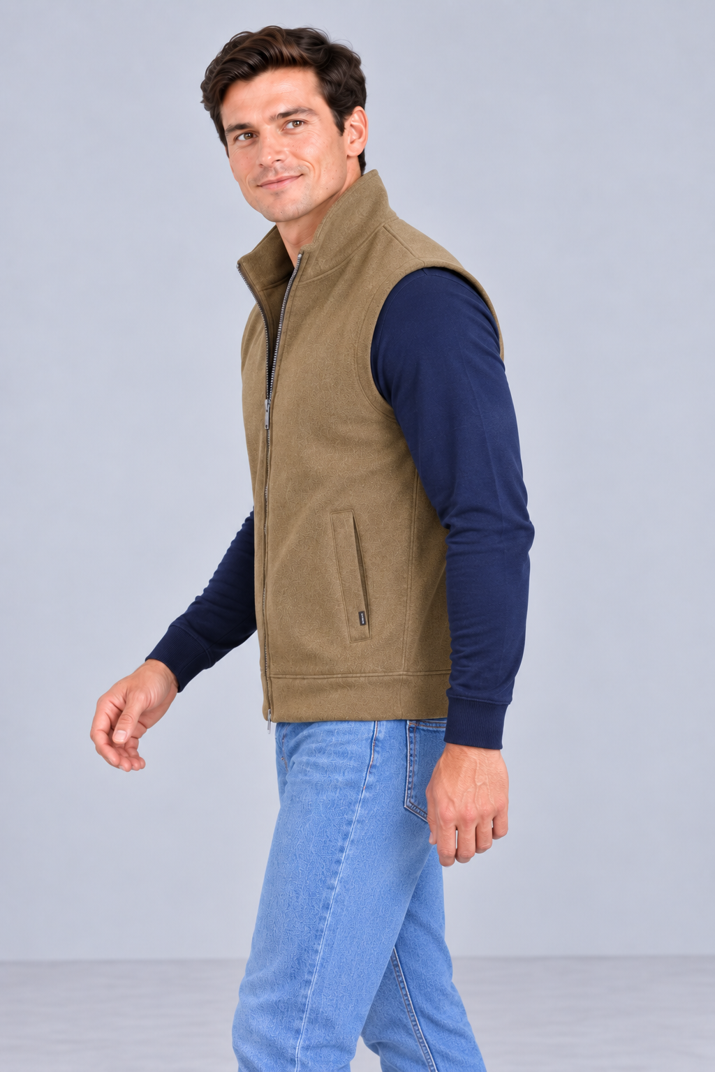 Men’s Brown Melange German Velvet Knitted Gilet – Regular Fit Full Zip Sleeveless Jacket