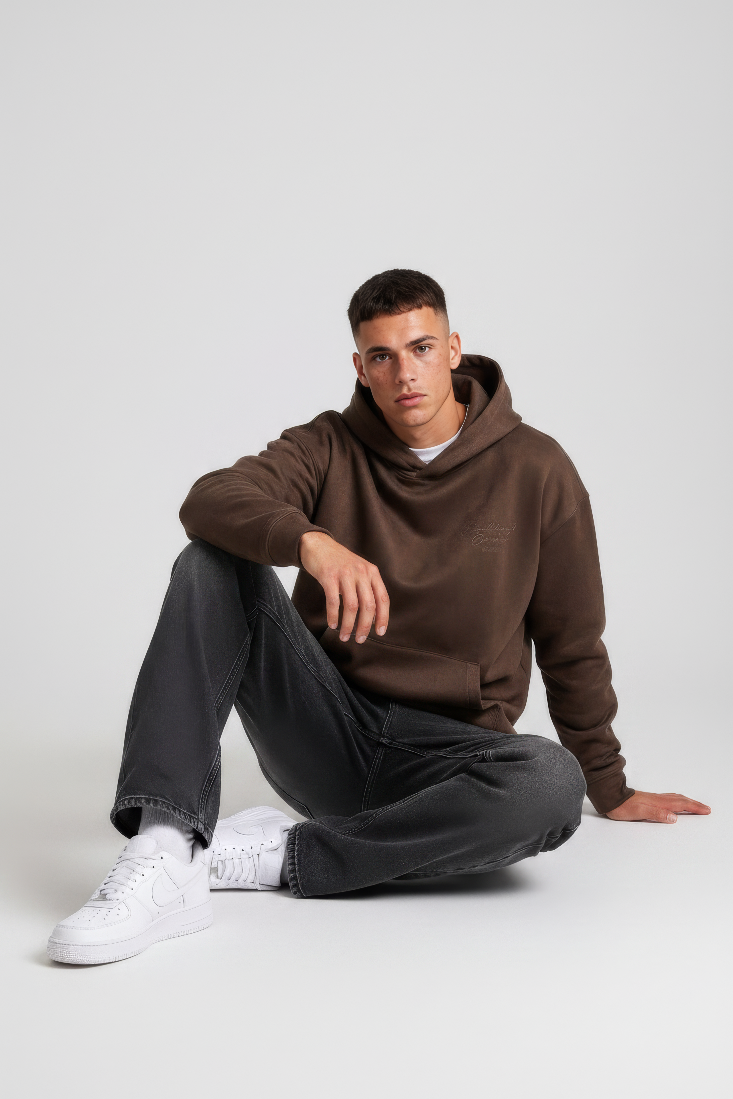 Men’s Espresso Hooded Sweatshirt in Knit Suede Fabric | Kangaroo Pocket