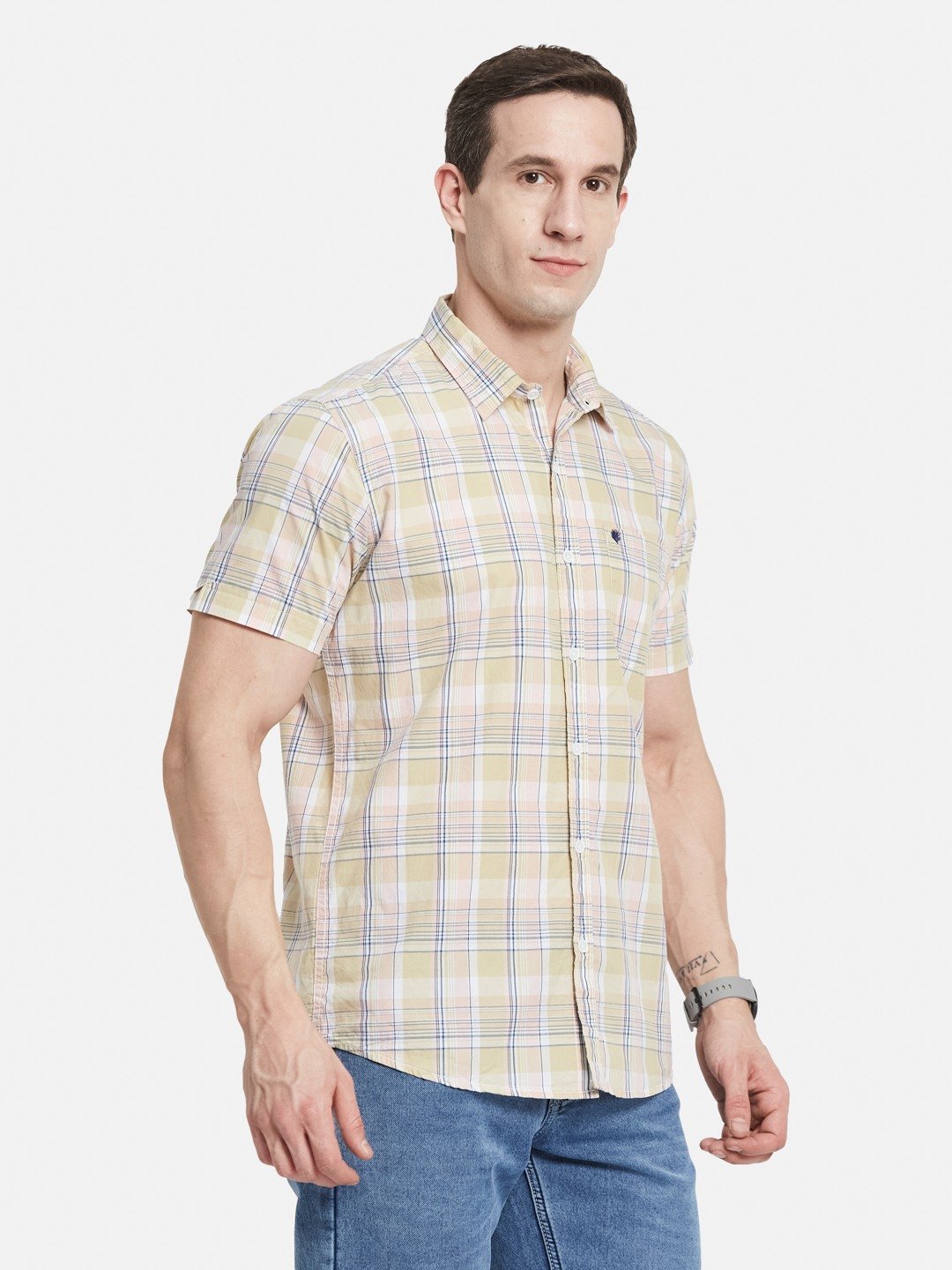 METTLE Men Spread Collar Checked Cotton Casual Shirt