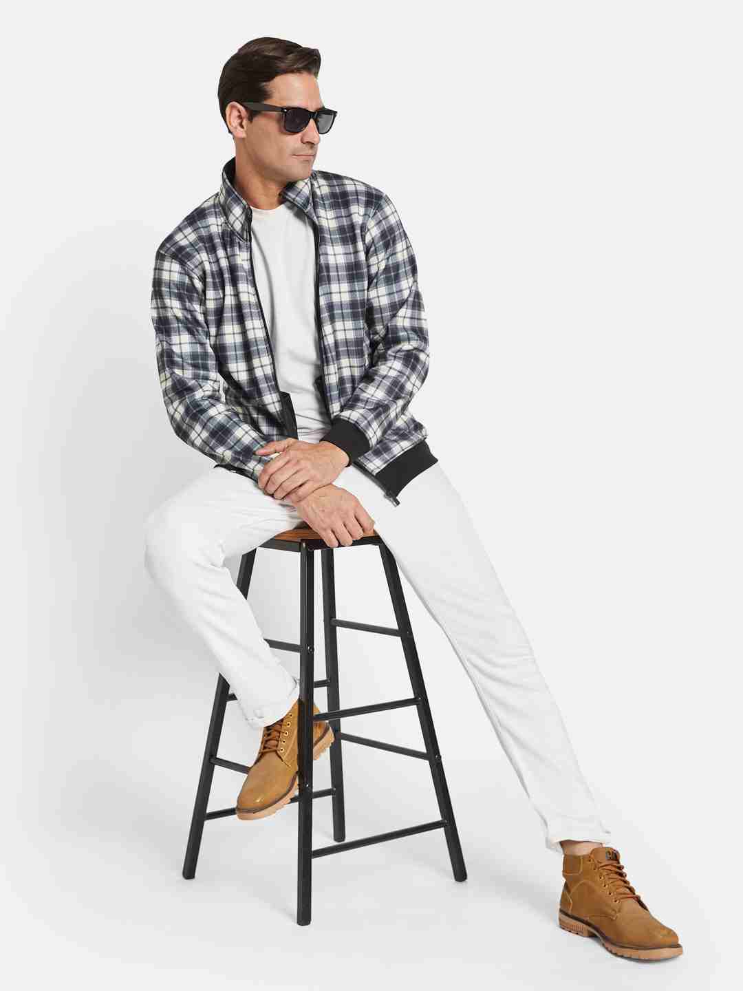 Octave Men Checked Mandarin Collar Front-Open Sweatshirt