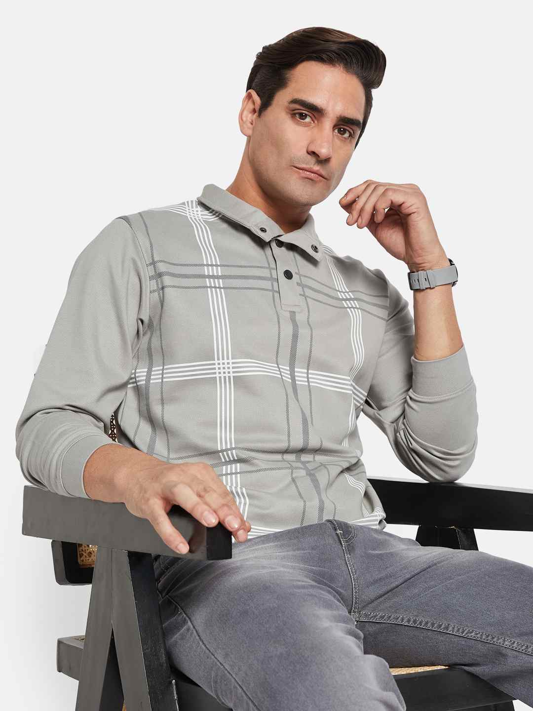 Octave Men Striped Shirt Collar Pullover Sweatshirt