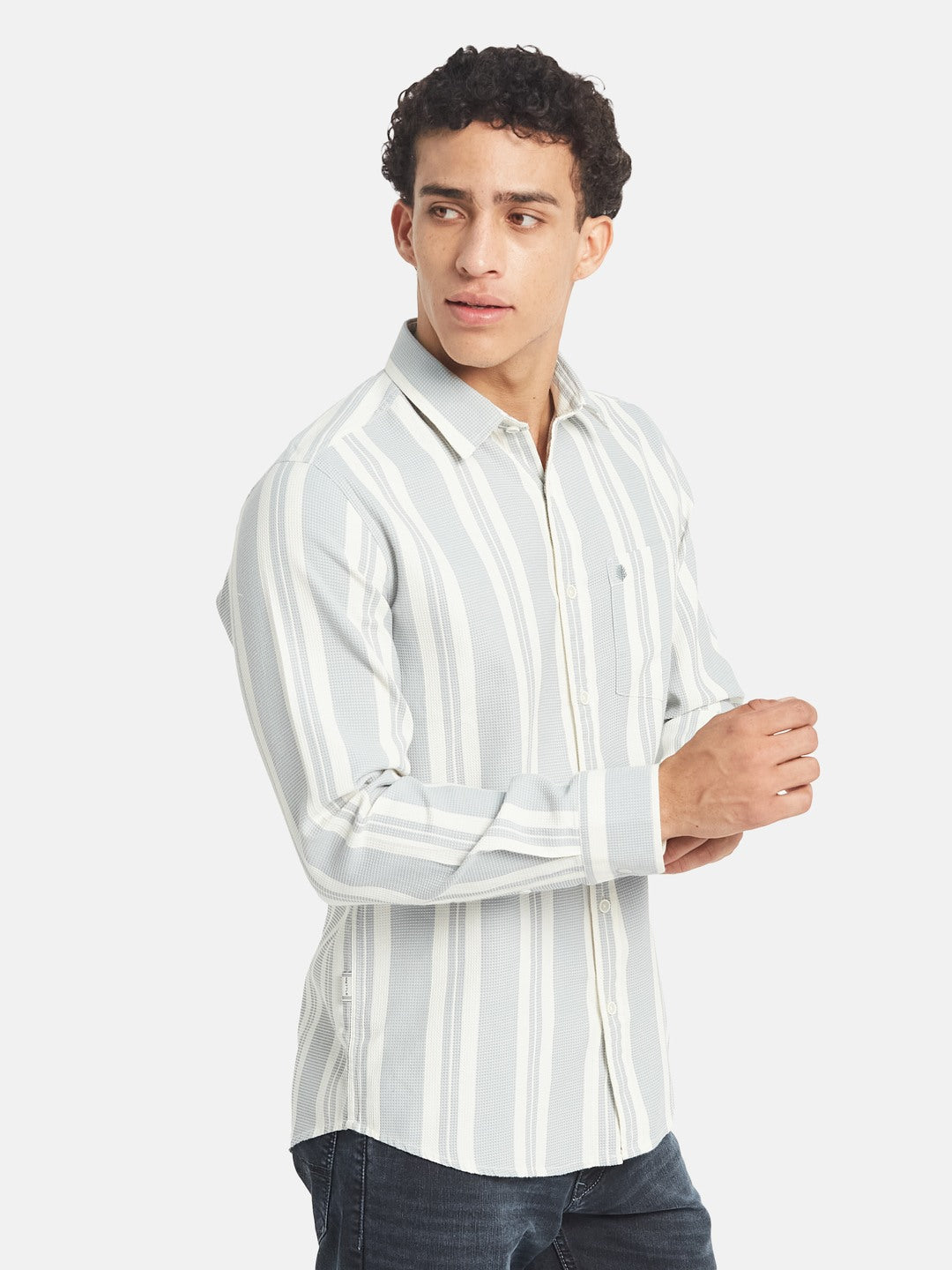 METTLE SS25 Stripped Printed Spread Collar Cotton Shirt