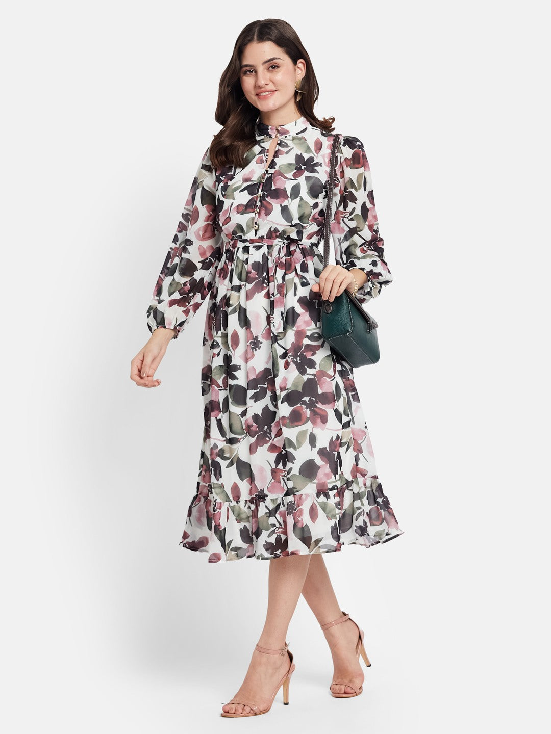 METTLE Floral Printed Mock Neck Puff Sleeves Cotton Fit & Flare Midi Dress