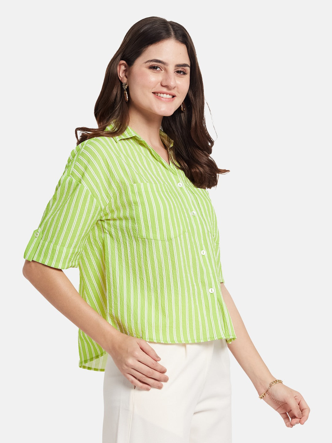 METTLE Striped Short Sleeves Spread Collar Cotton Opaque Regular Fit Casual Shirt