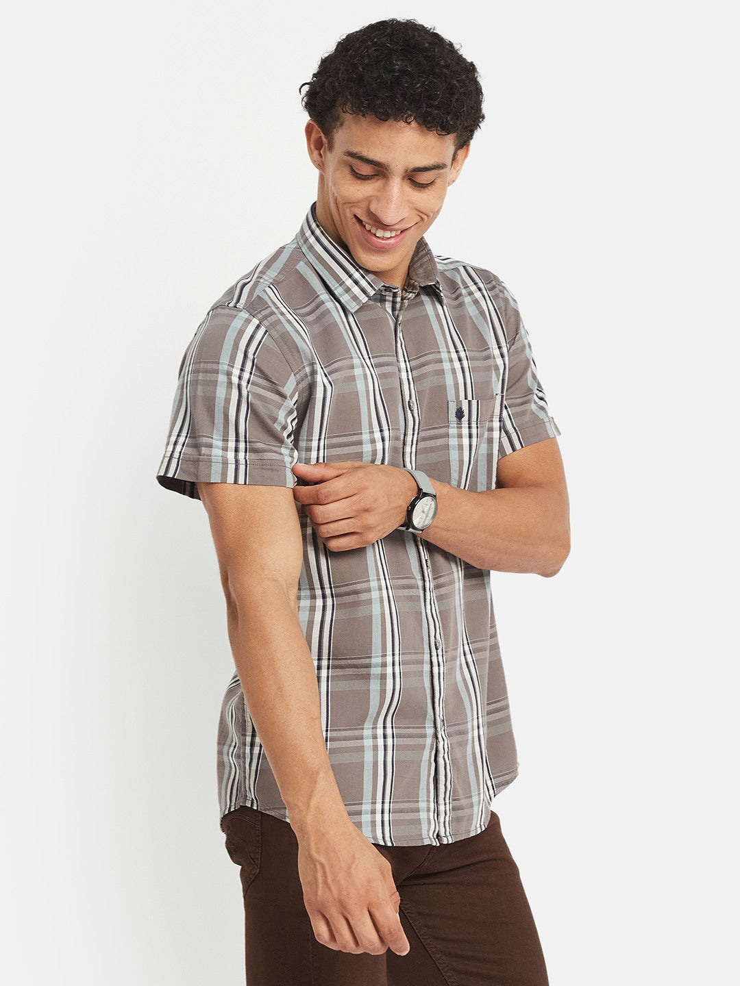 METTLE Men Tartan Checked Spread Collar Cotton Casual Shirt
