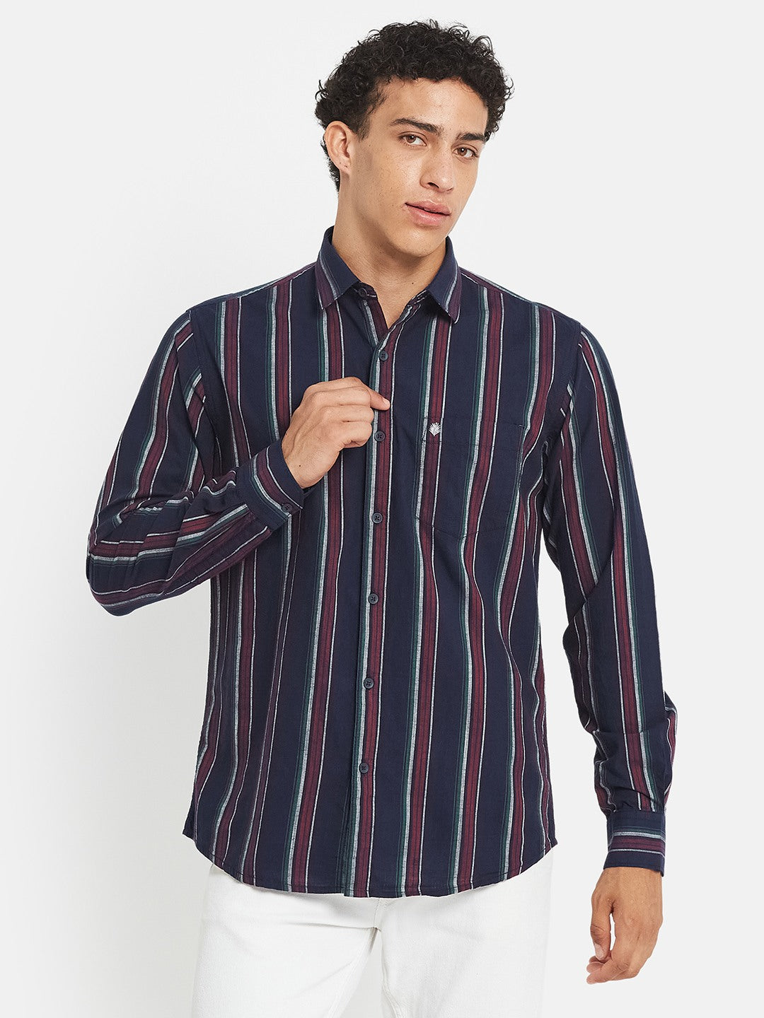 METTLE Men Vertical Striped Spread Collar Cotton Casual Shirt