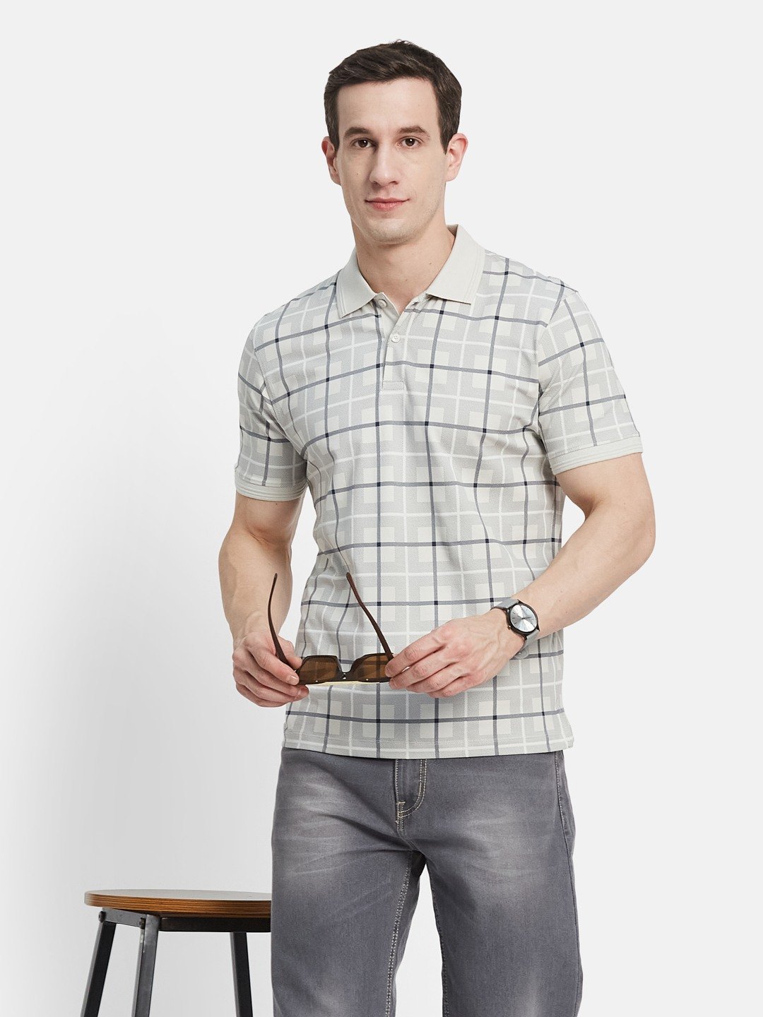 AOP CHECK PRINT POLO NECK SINGLE JERSEY KNITLYCRA T-SHIRT
