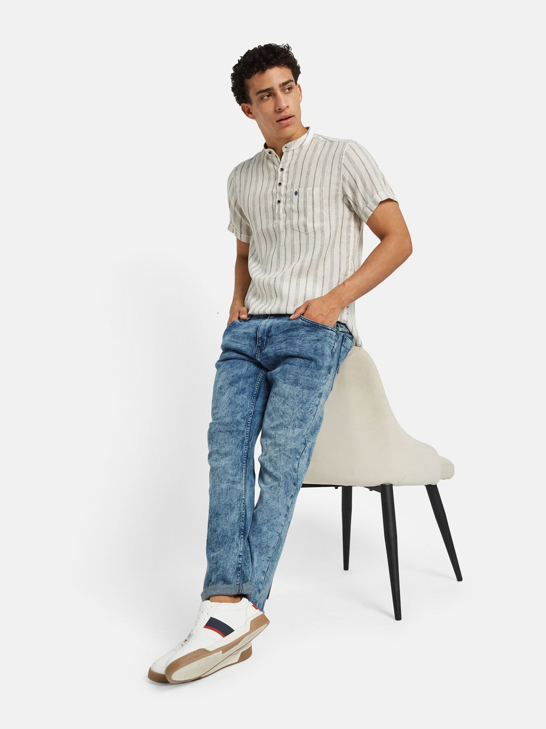 METTLE Striped Short Sleeves Mandarin Collar Cotton Opaque Regular Fit Casual Shirt