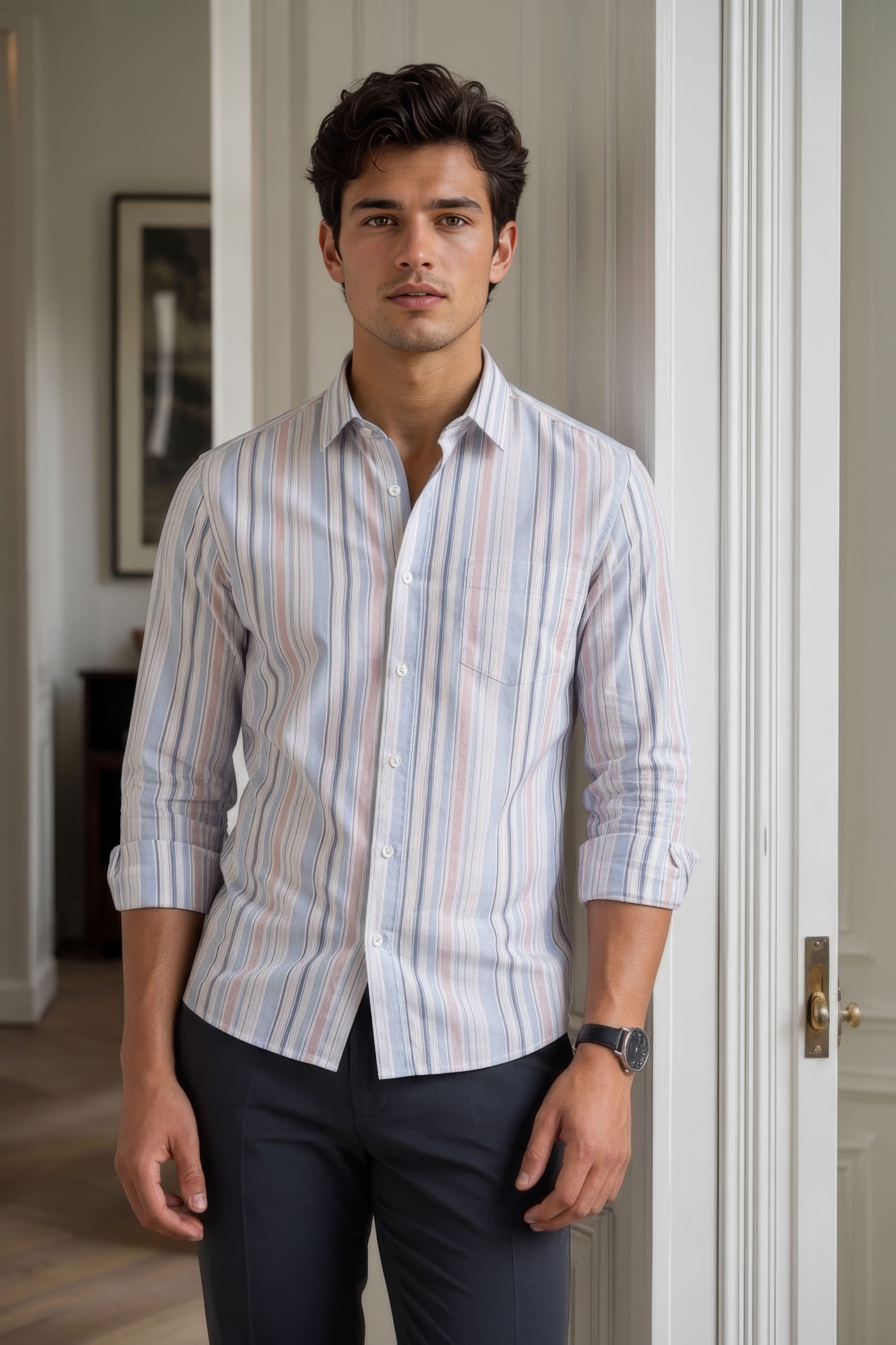 Men’s Sky Blue Vertical Striped Oxford Shirt
