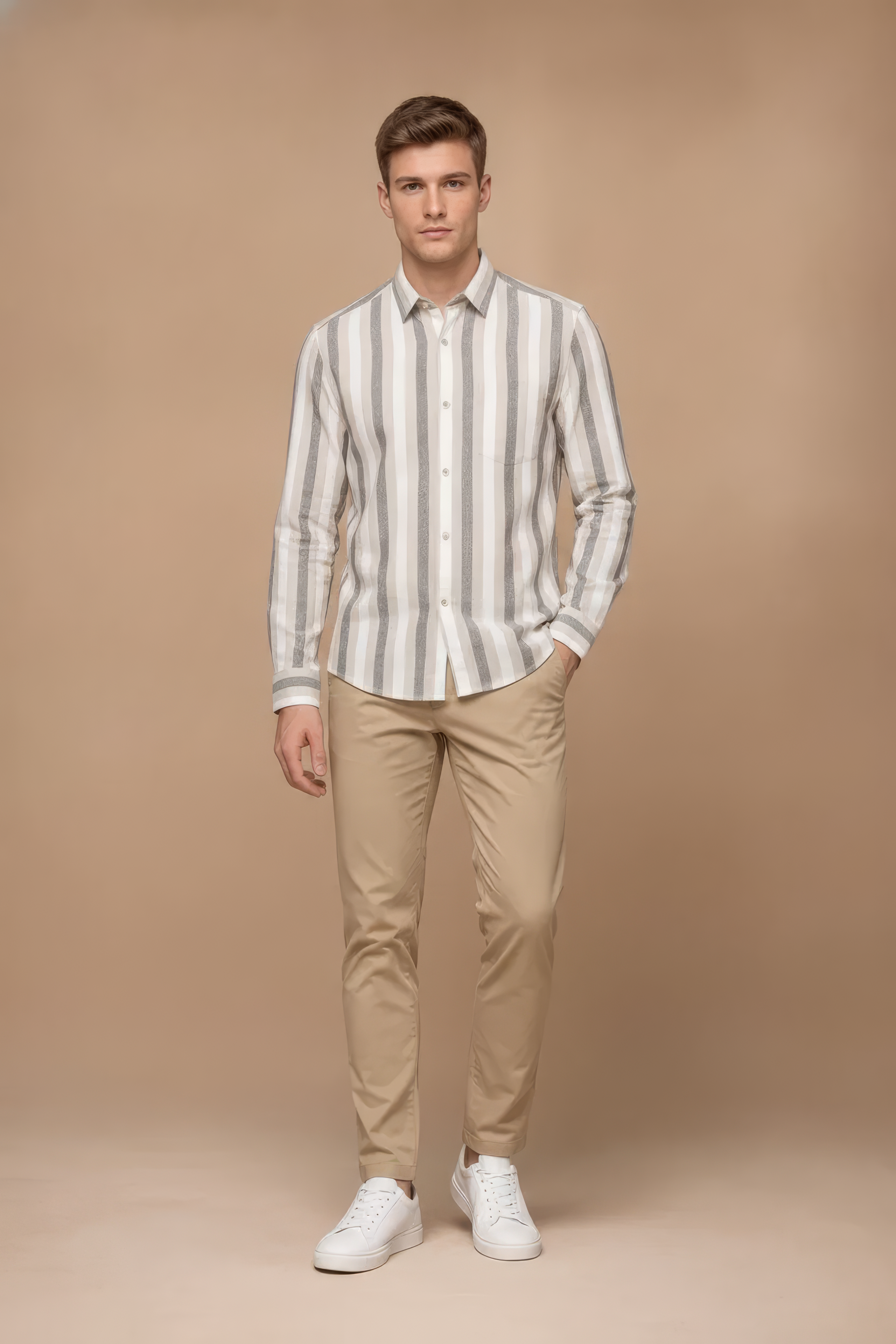 Men’s Natural Blue Striped Twill Cotton Shirt
