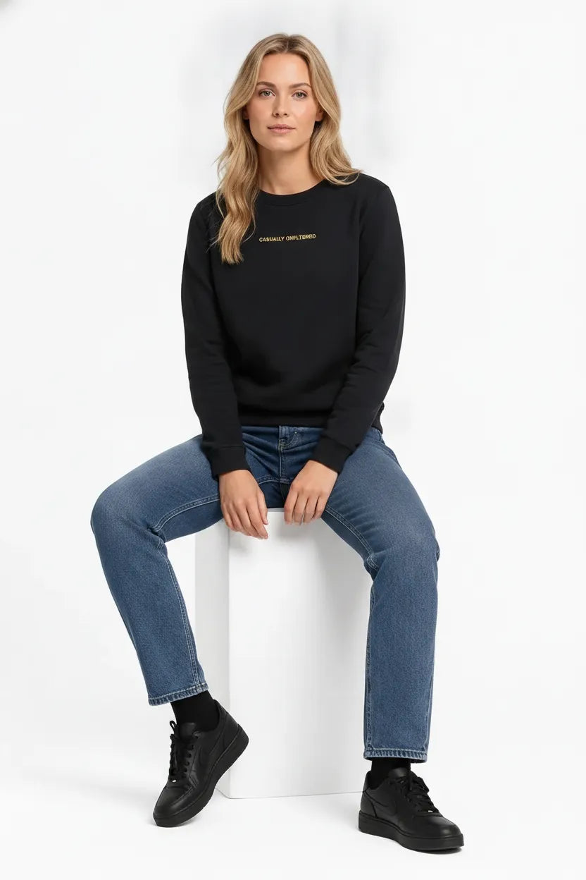 Women Black Cotton Fleece | Round Neck Full Sleeves Casual Winter Sweatshirt