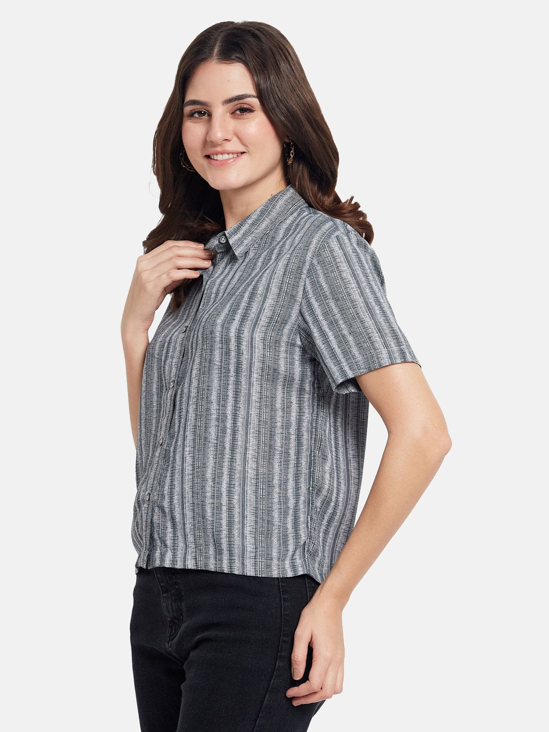 METTLE Women Textured Spread Collar Cotton Casual Shirt