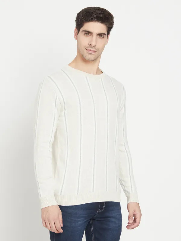 Cream-Coloured Striped Cotton Full Sleeve Pullover Sweater