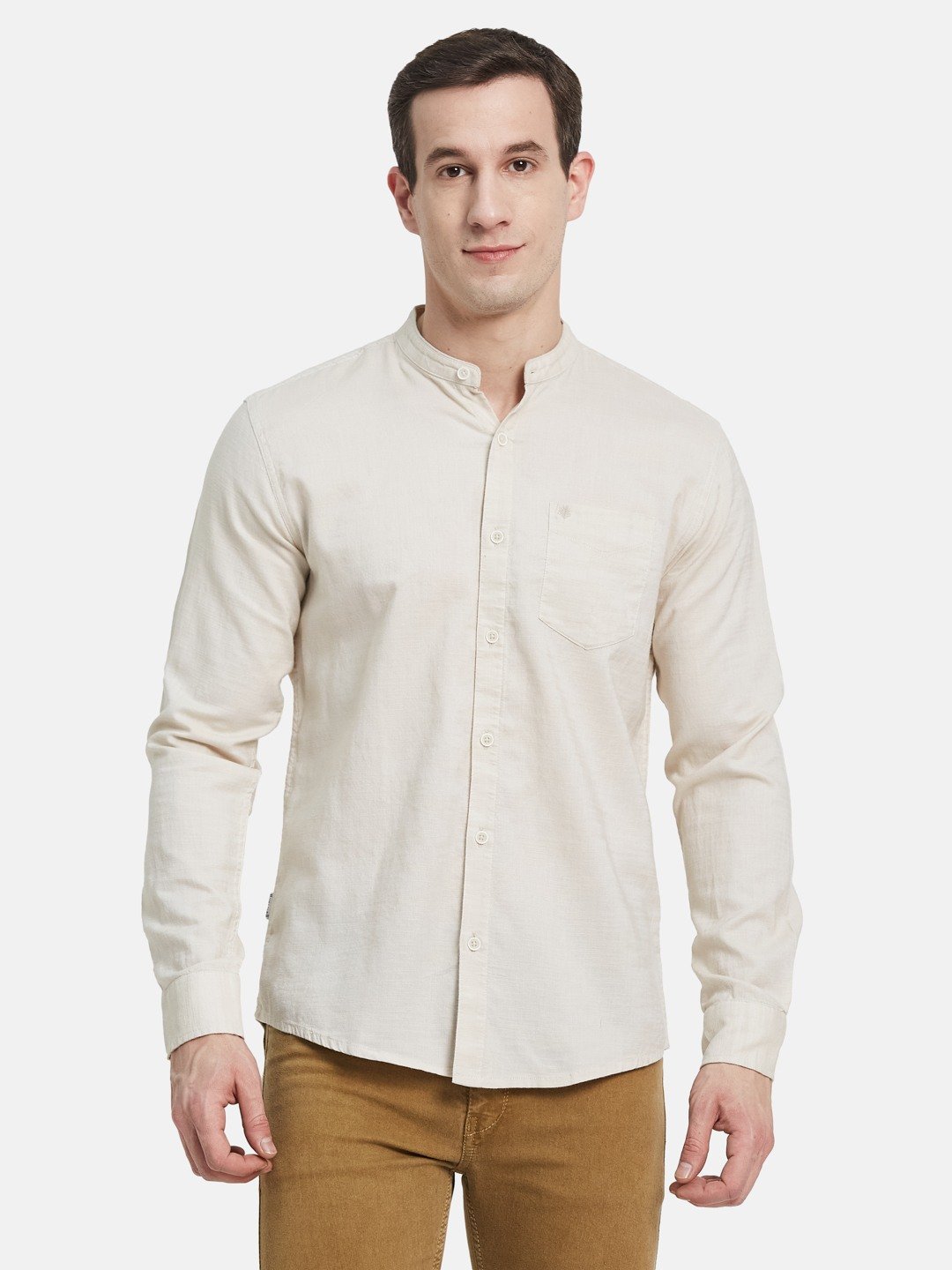 METTLE Men Band Collar Solid Cotton Casual Shirt