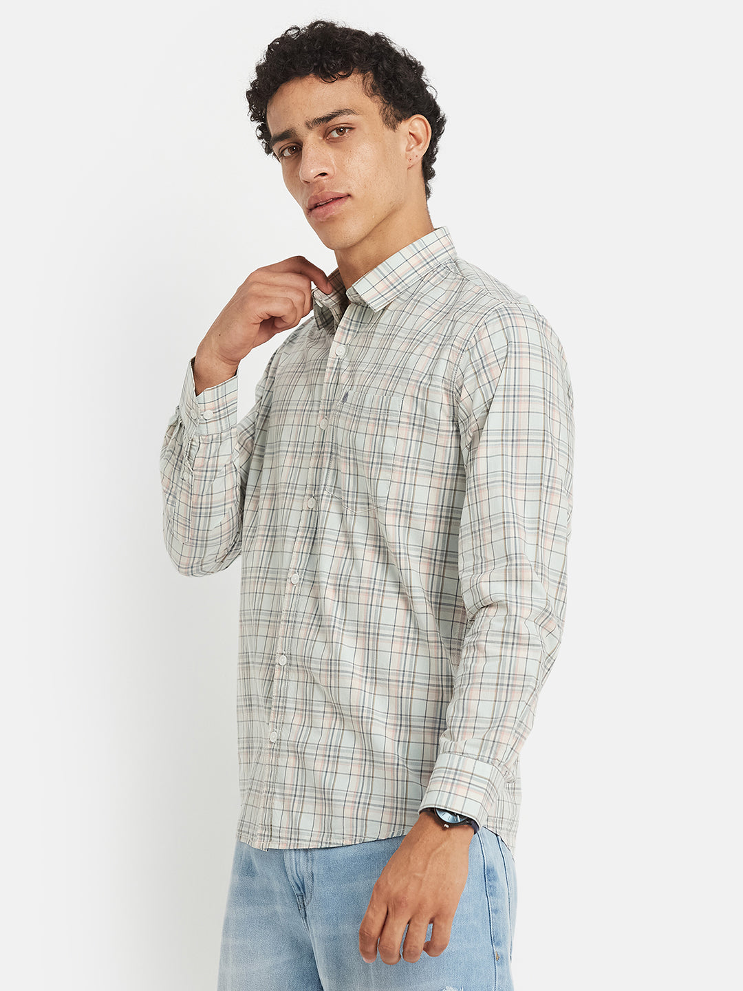 METTLE Men Tartan Checked Spread Collar Cotton Casual Shirt